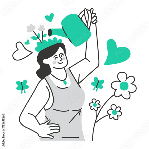 Inspiring woman nurturing her mind with vibrant ideas and growth, symbolizing personal development and positive mental health journey.