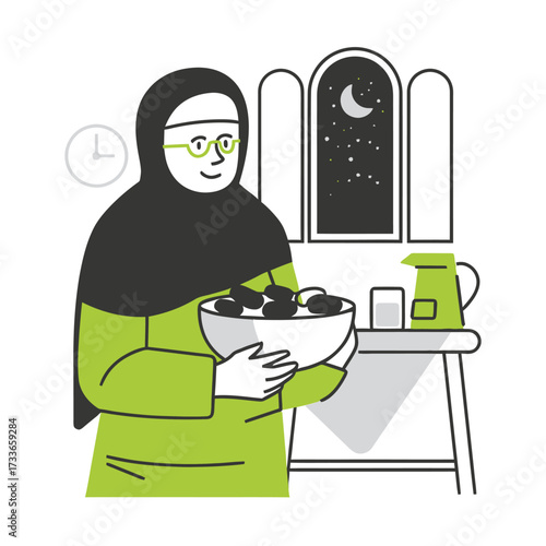 Woman in hijab prepares sweet dates and refreshing drink for evening meal, symbolizing Ramadan tradition and hospitality with moonlit night visible through window