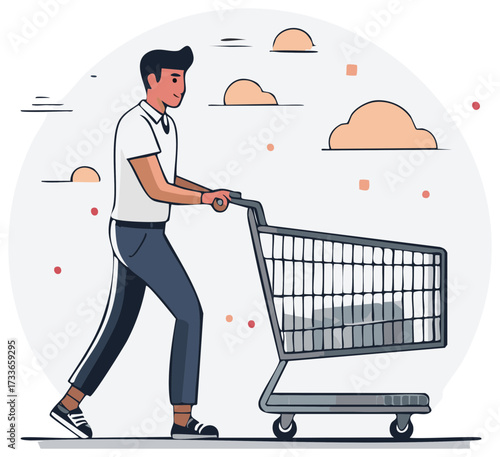Man pushing shopping cart with purchases, moving forward with purchases