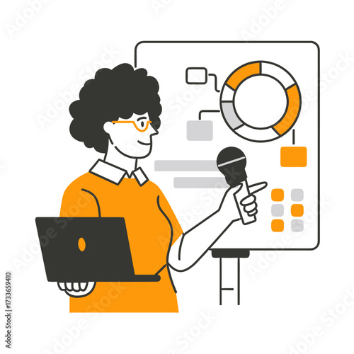 Dynamic presenter confidently shares insights with laptop and microphone, explaining complex data visualizations on a modern board for impactful business meetings and educational sessions.