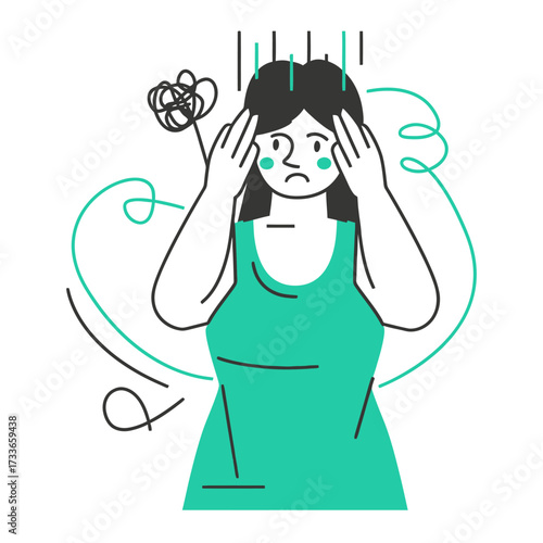 Expressing overwhelming anxiety and mental strain with hands clasped to head amidst chaotic swirling thoughts and emotional distress, capturing burnout and stress