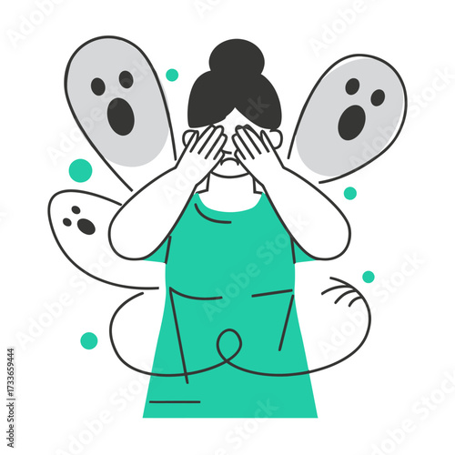 Terrified person covering eyes from spooky ghosts and dark spirits, symbolizing fear, anxiety, and confronting inner demons in a surreal, unsettling scene.
