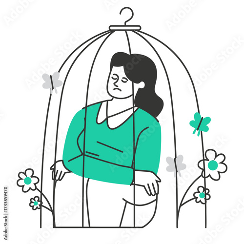 Sad woman trapped in a birdcage surrounded by flowers and butterflies, representing confinement and longing for freedom in a melancholic state of mind