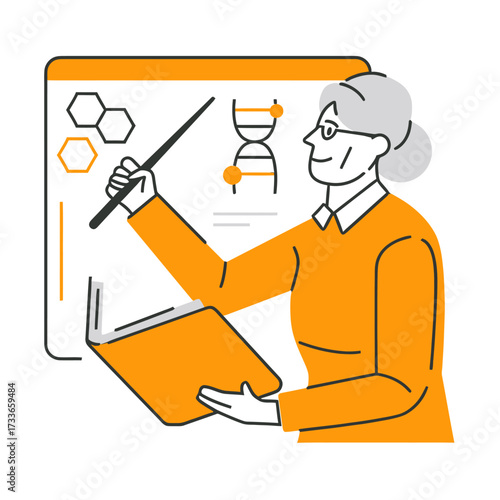Brilliant scientist passionately explaining complex genetic research with a pointer and open book, illuminating discovery and innovation
