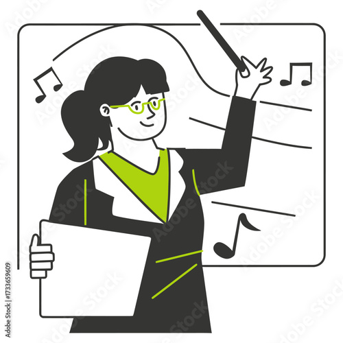 Inspiring music teacher leading a vibrant orchestra rehearsal with baton and musical notes, creating harmonious melodies and educational moments for students