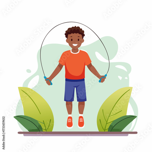 Vibrant cartoon illustration of a happy and energetic young boy joyfully jump roping, showcasing active childhood play and healthy exercise habits