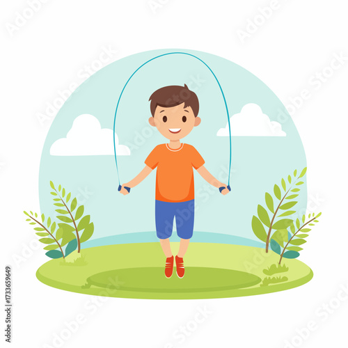 Cheerful boy skipping rope in a park setting, enjoying physical activity and outdoor fun