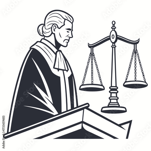 Judge in robes standing at a podium with scales of justice