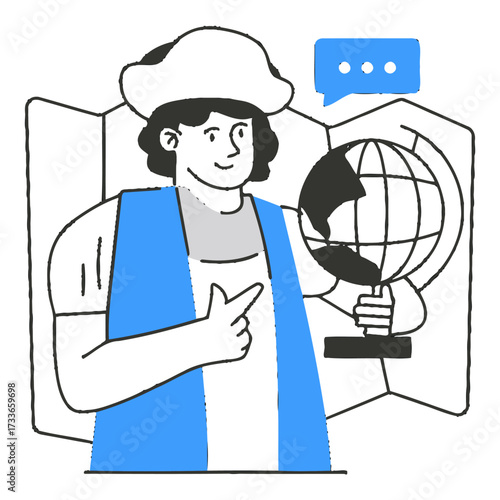 Expert navigator points confidently at globe with speech bubble and map behind, symbolizing global communication, exploration, and strategic planning for international business success.