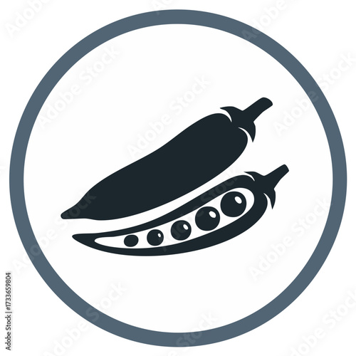 Illustration of green pea pod and peas inside a circular graphic design element.