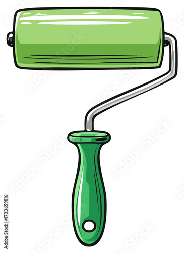 Cartoon illustration of a green paint roller for home improvement and decoration
