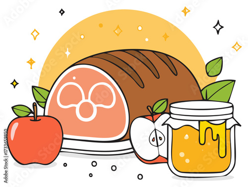 Cartoon illustration of food, apples, honey, challah bread, festive design