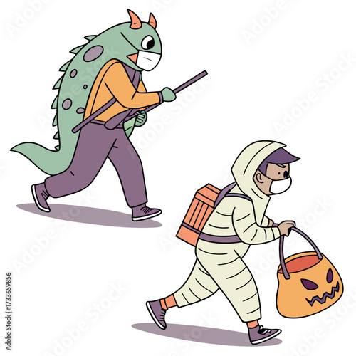 Kids In Halloween Costumes Trick- Or- Treating With Masks Keywords: halloween, trick or treat
