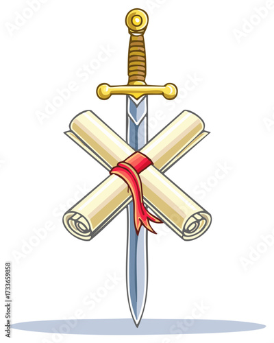 Illustration of a sword with crossed scrolls tied by red ribbon justice concept