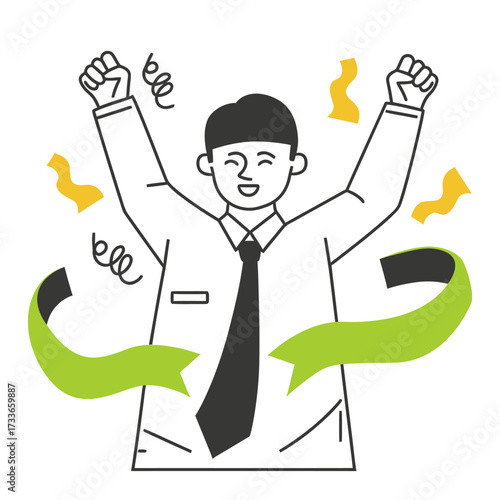 Dynamic businessman celebrating a major career achievement with arms raised high amidst confetti and celebratory ribbons, embodying success and professional triumph.