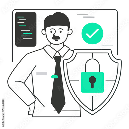 Professional cybersecurity expert guarding sensitive data with a digital shield and padlock, ensuring online protection and system integrity for businesses.