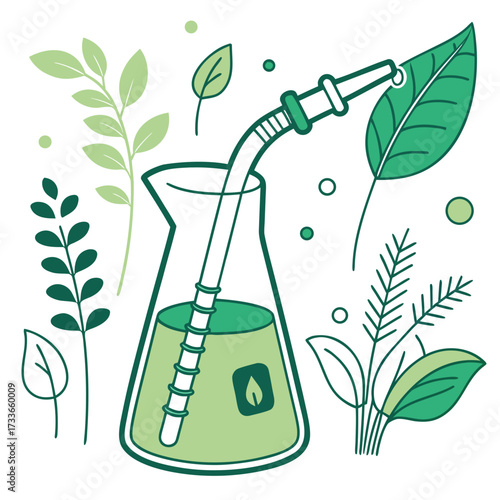 Laboratory Flask With Green Liquid And Plants beaker