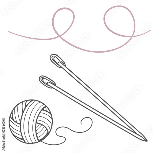 Knitting needles and yarn ball with decorative swirl Keywords: knitting, yarn, ball of yarn