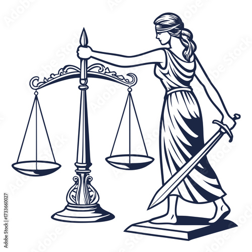 Lady Justice holding scales and sword on white background