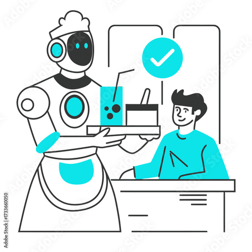 Futuristic robot server efficiently delivering drinks and food to a happy customer at a modern cafe, showcasing advanced automation and excellent service for a seamless dining experience.
