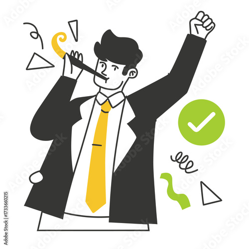 Excited businessman celebrating achievement with fist pump and party blower, green checkmark signifies success and goal completion