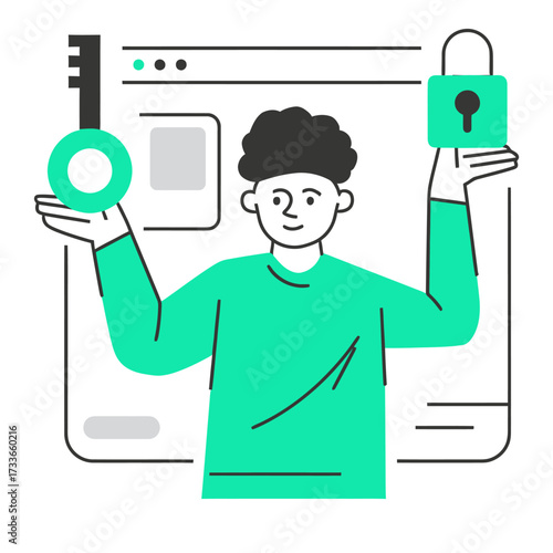 Person holding key and lock symbols representing secure access and digital safety in a modern conceptual illustration