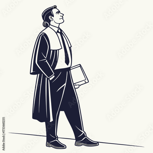 Lawyer in Robes Holding Document Looking Upwards Keywords: lawyer, legal, justice, court, man