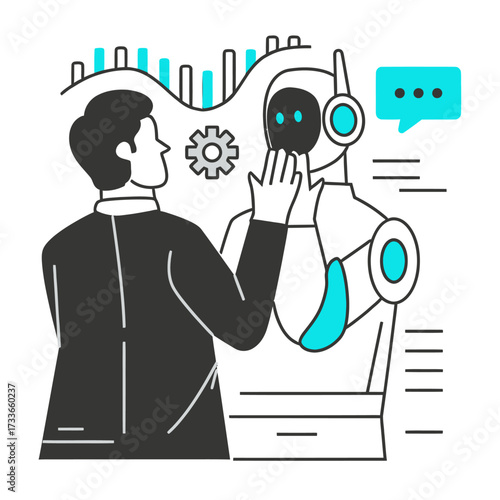 Man and AI robot collaborate on innovative technology project with data visualization and communication elements, showcasing modern business partnership and future concepts.