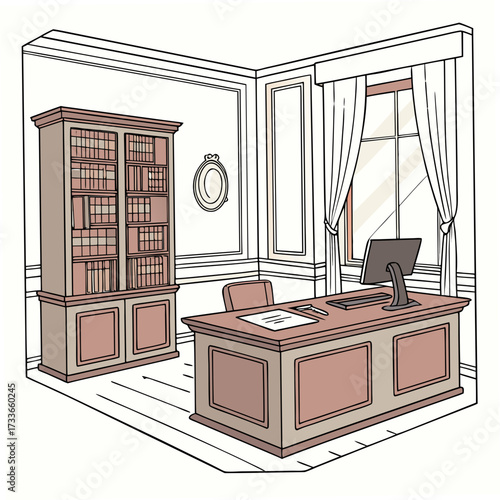 Law office interior with desk and bookshelf chair