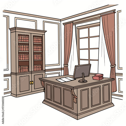 Lawyer's office with desk and bookshelf window