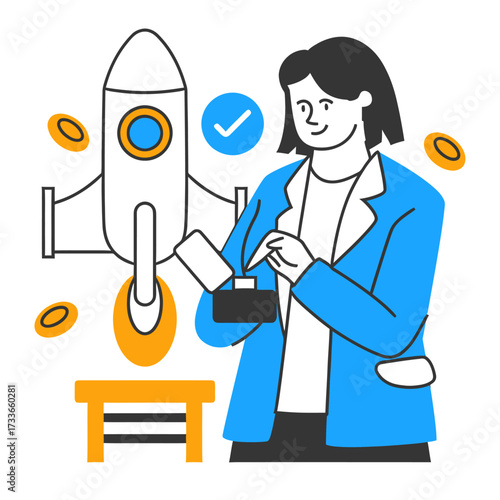 Ambitious entrepreneur checks smartwatch preparing for rocket launch success with coins symbolizing financial growth and achievement in a dynamic business environment