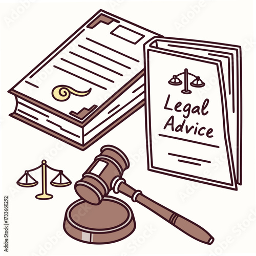 Legal advice illustration with books gavel and scales