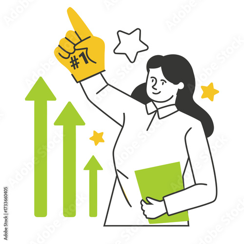 Confident businesswoman celebrating success with #1 foam finger and rising green arrows symbolizing growth and achievement