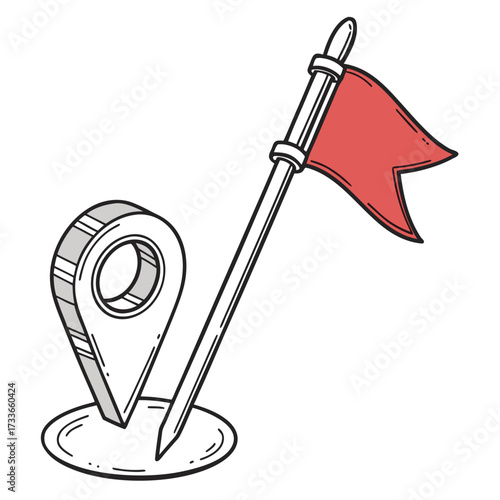 Location marker with red flag and outline on white background