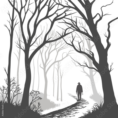 Lone figure walks on a path through a misty forest