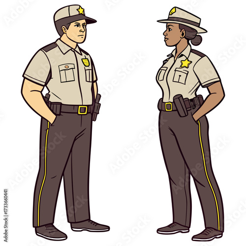 Male and female law enforcement officers in tan uniforms