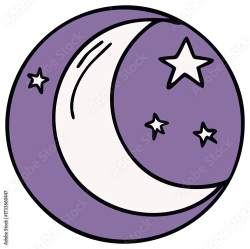 Purple crescent moon and stars illustration in a circular outline