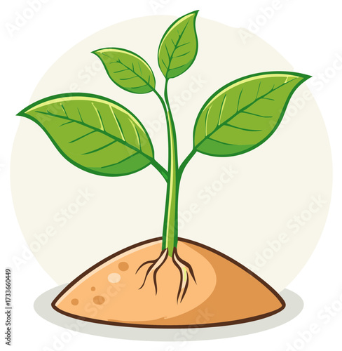 Animated seedling growing in the soil; sprout with roots and leaves on light backdrop for gardening.