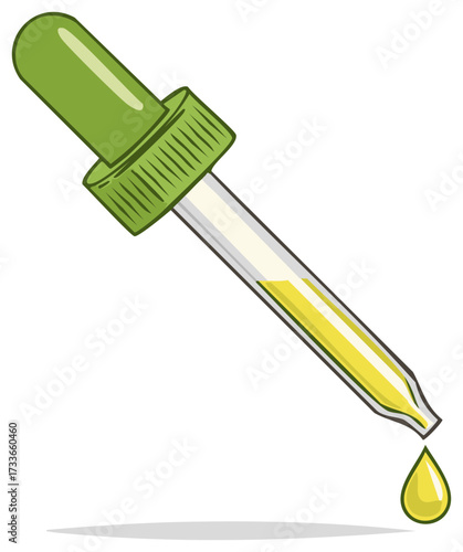 Dropper with Yellow Liquid and Falling Drop Cartoon Style, Illustration Isolated on White