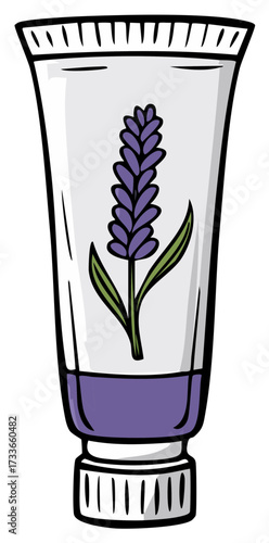 Hand Cream in Tube with Lavender Flower Illustration on Packaging
