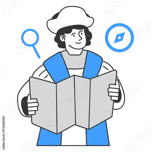 Curious explorer with map, compass, and magnifying glass charting a course for adventure and discovery