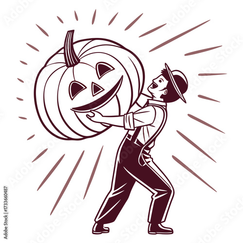 Man Carrying a Large Jack O Lantern Pumpkin Keywords: halloween, pumpkin, jack o lantern, man
