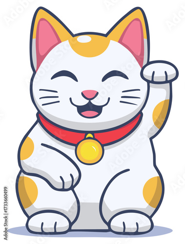 Lucky Cat with Raised Paw and Smiling Face Cartoon Icon Graphic Vector Illustration