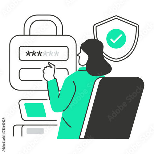 Confident professional securing data with strong password entry and verified digital shield, ensuring online safety and privacy for modern business operations and personal accounts.