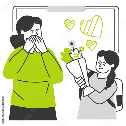 Joyful daughter surprises mother with a vibrant bouquet of flowers, creating a heartwarming moment of love and appreciation