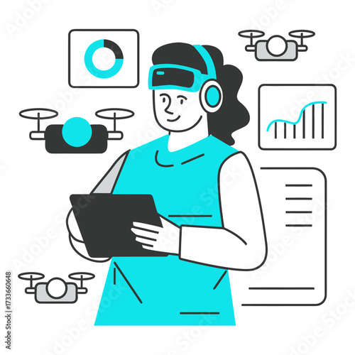 Visionary professional expertly managing drone operations and analyzing data with cutting edge virtual reality technology for innovative future projects