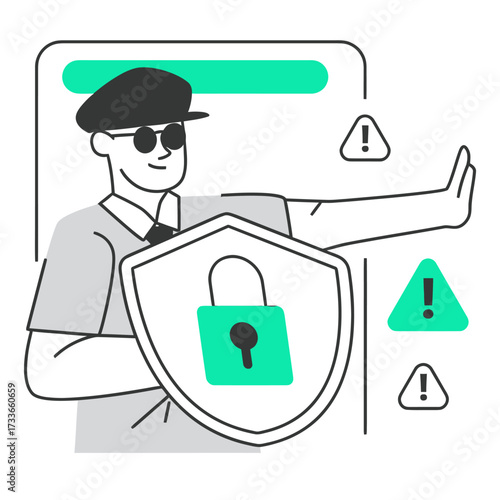 Confident security guard protecting digital data with a shield and padlock icon, symbolizing cybersecurity and privacy protection against threats and warnings