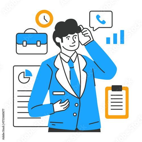 Confident businessman making important calls and managing business tasks with dynamic icons representing success and productivity
