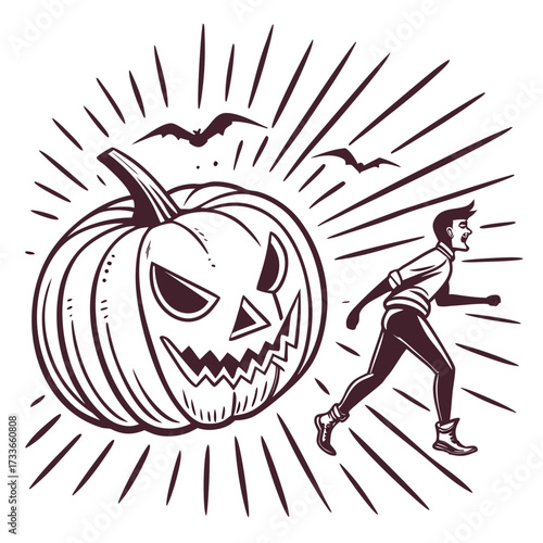Man running from a giant jack-o-lantern with bats flying