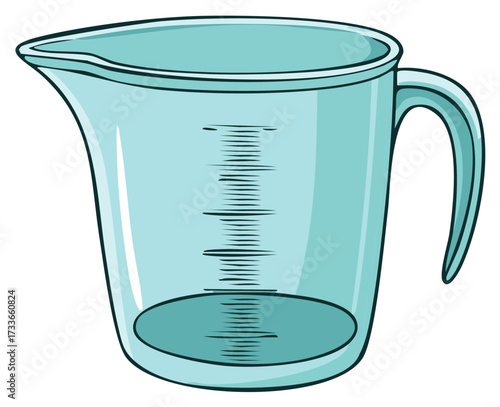 Blue transparent measuring cup with handle and measurement markings